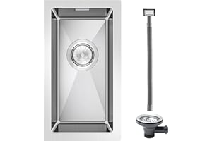 ROVOGO 304 Edelstahl Spülbecken Klein 45 x 23 cm, Schmal Spüle Küche mit Ablaufgarnitur inkl. Siebkorbventil und Überlauf, Gebürstete Küchenspüle Handgefertigte, Einbauspüle 1 Becken Rechteckig