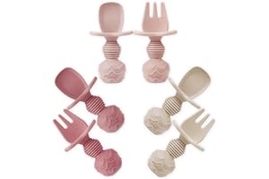 PandaEar Conjunto de 6 Cucharas y Tenedores de Silicona para Bebés - Utensilios de Autoalimentación a Prueba de Ahogos para Destete Dirigido por el Bebé a partir de 3 Meses (Rosa)