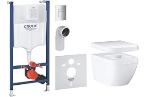 GROHE Solido 5-In-1 Wc Set, Compact Frame 1.13M, Incl Skate Cosmopolitan Flush Plate and Euro Ceramic Wall-Hung Rimless Wc with Soft Close Seat, 39891000