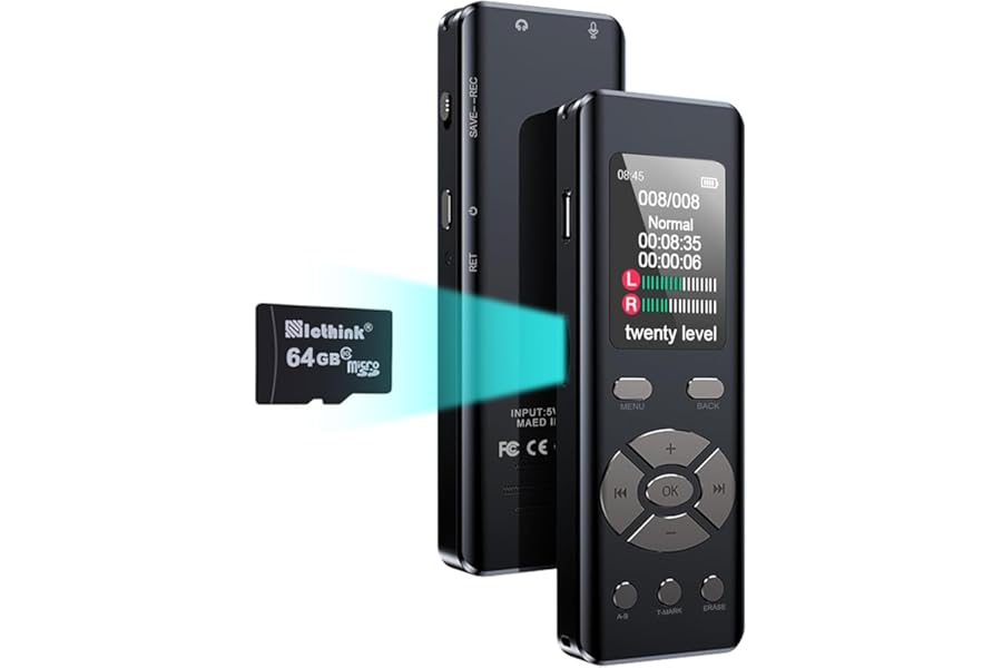 DISTANCEE 64GB Digital Voice Recorder Device 7-Level Voice Activation Audio Recording Device 20-Level DSP Clarity Control Dictaphone Voice Recorder Voice Activated Recorder with Playback