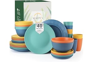 Wrova Plastic Dinner Set 40 PCS - Service for 8 | Plates and Bowls Sets | Unbreakable Dishes Set - Dinner Plate, Dessert Plates, Cereal Bowls, Cups, Microwave and Dishwasher Safe for Camping - Multi