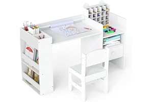 INFANS Kids Art Table and Chair Set, Toddler Craft Play Wood Activity Desk with Paper Roll Storage Hutch, Drawer, for Writing Drawing, Children Furniture for Boys Girls Ages 3+ (White)