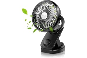 ELZO Ventilateur USB, 5000mAh Silencieux Mini Ventilateur de Table Clip Fan, Auto-Oscillant,Rotation 360°Rechargeable Vitesse progressive Ventilateurs portables pour bureau camping Lames de 5 pouces