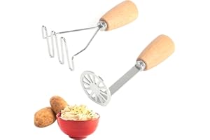 VirtuGro 2PCS Kartoffelstampfer Edelstahl Kartoffelpresse Stampfer Potato Masher Stampfer Küche Aus Hochwertigem Edelstahl und Holz für Kartoffelpüree Gemüsepüree Obstpüree