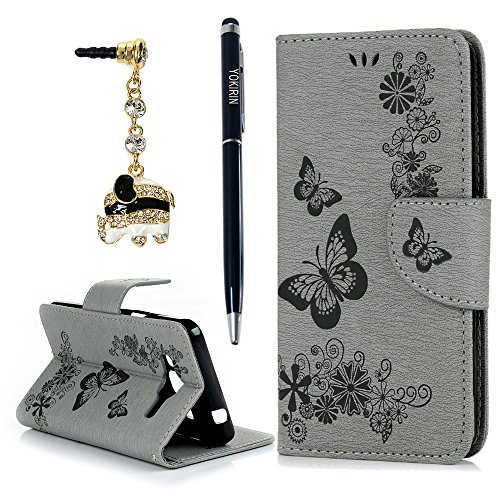 YOKIRIN Wallet Case für Samsung Galaxy J3 /J3 (2016) Schmetterling Blumen Muster PU Ledercase Cover Flipcase Handyhülle Folio Schutzhülle Protective Schale Flip Cover mit Standfunktion Kredit Kartenfächer in Gray