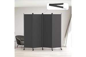 Kokorona 4 Panel Room Divider, 6FT Tall Rolling Privacy Screen with Lockable Wheels, Folding Wall Dividers Portable Room Divider for Room Separation, Included - Cover Strips, Grey, W 223.5 x H 178 cm