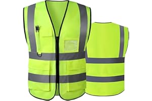 GRTLPOK Kamizelki Hi Vis dla kobiet i mężczyzn, odblaskowa kamizelka bezpieczeństwa z kieszeniami, zamek błyskawiczny z przodu, spełnia normy ANSI/ISEA, Zielona tkanina, L