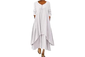VEMOW Vestido Largo Maxi para Mujer Moda Talla Grande Cuello Redondo, Color Sólido Verano Bohemio Informal Retro de Lino y Algodón Irregular Suelto de Manga Corta Falda Cami con Bolsillos