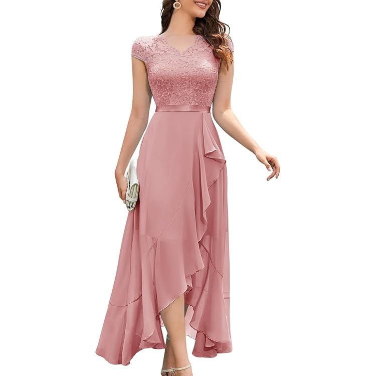 Wedtrend Avondjurk, elegant, voor bruiloft, V-hals, chiffon, cocktailjurk, lange afstudeerjurk met gedeelde mouwen, kanten jurk met pailletten, bordeaux, XS