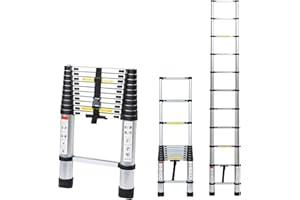 ‎CECAYLIE Cecaylie Teleskopleiter Aluminium 3,2M Mehrzweckleiter mit 2 Abnehmbarem Haken, Leiter Teleskop-Design, 150 kg/330 Pfund Belastbarkeit, Stehleiter Rutschfester, Silber