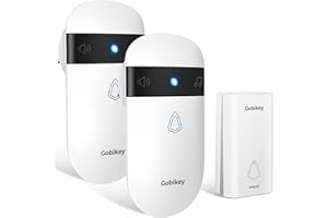 GOBIKEY Wireless Doorbell,Self-Powered No Battery Door Bell, IP55 Waterproof Cordless Plug-in Doorbell Kit 2 Receivers, 52 Loud Chimes & 5 Level Volume (0-115dB) & 7 Colors Light for Home, Classroom, Front