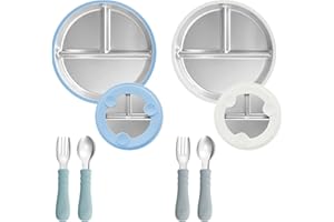 MOONLIGHT MILES 2 Pack Stainless Steel Kids Plates with Removable Silicone Suction Sleeve,Non-Slip Divided Plates Baby Feeding Set,Food-Grad Toddlers Utensils for Led Weaning Supplies Dishwasher Safe (BU+GY)