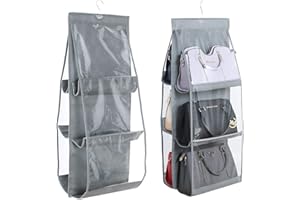 inheming Organizador de Bolsos para Colgar,Organizador para Armario con Gancho, 6 Bolsillos,Funda Transparente Antipolvo para Armario Guardarropa - Negro