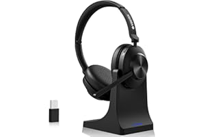 Voistek Headset mit Mikrofon Bluetooth & USB Dongle, 50Std. Akku, On Ear Wireless Headset mit Mikrofon Geräuschunterdrückung– Home Office/Büro/Callcenter, kompatibel mit Smartphones/PC, Ladestation