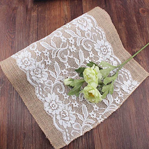 PsmGoods® Rustic Burlap Spitze Hessischen Tischläufer Natürliche Jute für Hochzeit Festival-Ereignis Tischdekoration 30x108cm-weiße Spitze - 3