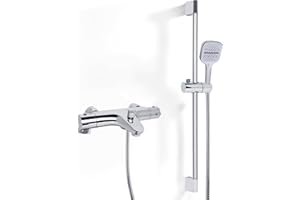 Ronvie Thermostatic Bath Shower Mixer Tap Set with 3-Spray Hand Shower, Chrome Bath Taps with Shower Attachment, Anti-Scald Safety System, 70cm Adjustable Rail (Deck Mounted, 38°C Temperature Control)