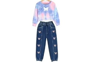 Peacolate Mädchen Bekleidungsset, Jogginganzug Kinder Mädchen 2PC Set Langarm Tie-Dye Sweatshirt und bestickte Schmetterlings Jeanshose Frühling Herbst Outfits