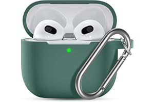 Ouwegaga Cover per Airpods 3, Silicone Custodia per Airpods Terza Generazione 2021, Protezione Completa del Corpo Cover Compatìbile con Apple Airpods 3 Case, con Moschettone, Pinegreen