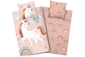 ‎AMINATA KIDS Aminata kids Bettwäsche 135x200 Biber Einhorn Regenbogen-Motiv Kinder Mädchen Baumwolle Rosa YKK Reißverschluss - Einhorn-Wende-Bettwäsche-Set Warm, Weich & Kuschelig - Flanell Tier-Motiv