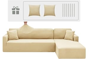 CHELZEN Housse de Canapé Elastique Peninsula en Forme de L, 2 Pièces Housses de Canapé d'angle, Housse de Canapé pour Chaise Longue avec Deux Taies d'oreiller (2 Place+3 Place, Beige)