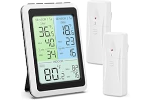 Brifit Kühlschrankthermometer, 4,5'' Farbdisplay Thermometer mit 2 Sensoren, Hintergrundbeleuchtung, Alarmfunktion, MAX/MIN-Wert, ℃/℉ Schalter, für Kühlschrank/Gefrierschrank, Innen