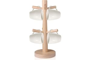 Gebiuhoo Porta Tazze ad Albero con 6 Ganci Porta Tazzine da Caffè Legno Verticale Portatazze da Caffè Portabicchieri per Bancone Rimovibile Salvaspazio per Tavolo Cucina (Colore Legno)