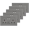 5 Pack CNBINGO Double Switched Socket with 2 USB Charging Ports, 2 Gang 13 Amp Electric Power Socket, Grey PC Plate Wall Outlet