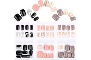 FLOFIA 3 Boîtes 90pcs Faux Ongles Court Nail Ongle Couverture Complète Rose Noir Argent Paillette Brillant en ABS Transfert Pochoir Décoration DIY Accessoire de Manucure pour Femme Fille