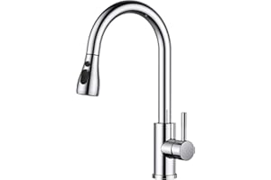 FORIOUS Kitchen Tap, Kitchen Mixer Taps with Pull Out Sprayer, Swivel Single Handle High Arc Pull Down Stainless Steel Sink Faucet, Polished Chrome