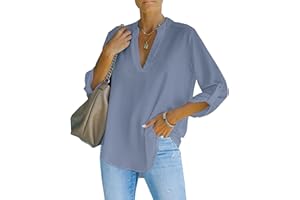 NONSAR Chemisier élégant à col en V pour femme Henley Chemisier ample à manches enroulables