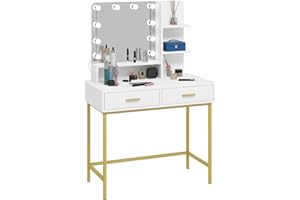 WOLTU Tocador de Maquillaje con Espejo y 10 Bombillas LED, Mesa de Tocador con 2 Cajones Grandes y Estantes, Estilo Moderno para Dormitorio, 90x45x137cm, Blanco+Dorado, MB6090ws