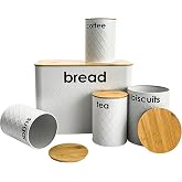 NTEK 5pc Kitchen Storage Bamboo Lid Set Includes Tea, Coffee, Sugar, Bread and Biscuit Barrel Canister Jar & Stylish Bread Bi
