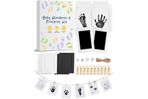 MOXTOYU Baby Footprint Kit & Handprint Kit, 2 Inkless Ink Pads, 4 Photo Frames, 6 Imprint Cards, Safe Clean-Touch Ink for Baby Feet & Hands, Keepsake Gifts for New Parents & Baby Showers with 4 Cute Clips