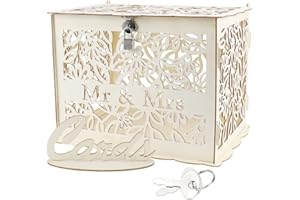 JaneYi Large Card Box 30x23x23cm - Unfinished Lockable Rustic Wood Gift Envelope Box With Sign, Lock and Slot for Wedding Reception, Anniversary Party - Mr & Mrs