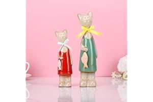 XIAOMAGG XIAOMAG Statue di Gatti in Ceramica Set di 2 Scaffali per Amanti dei Gatti Animali Decorazioni per la casa Adatto per Statue da Giardino (rosso+verde)