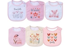 Maiwamita 6 Pack Waterproof Cotton Animal and Flower Prints Baby Bibs for Girls Boys for Drooling Eating with Adjustable Buttons