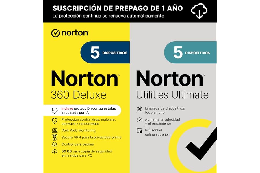 Norton 360 Deluxe+Utilities 2026|Antivírus 5 Dispositivos|1 año con renovación automática| Descarga digital