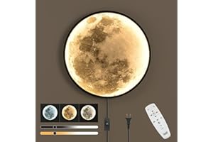 ‎OOWOKS LED Mond Wandleuchte Modern Dimmbar mit Fernbedienung 3D Mond Wandlampe mit Schalter 31W Mond Lampe Nachttischlampe mit Kabel Runde Lampe Mond Nachtlampe Wandbeleuchtung für Schlafzimmer Kinderzimmer