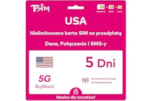 TSIM Karta SIM do USA na podróż do USA. Prepaid. Sieć T-Mobile z nielimitowanymi danymi, połączeniami i wiadomościami. Karta SIM 5G! (05 dni)