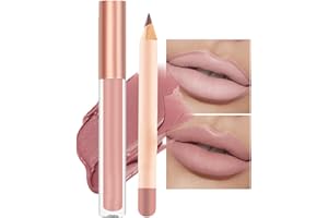 OKAQEE Nude Liquid Lipgloss - Lip Liner and Lipstick Set - Non-Sticky Long Lasting Waterproof Lip Stain - Highly Pigment Lip Stick & Lipliner Pencil - Lip Makeup Kits for Daily Makeup(01)