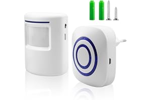 WIYETY Détecteur de passage sans fil Sonnette de porte : sonnette de magasin Système d'alarme sans fil avec 38 sonneries, 1 détecteur de mouvement et 1 récepteur pour magasin, camping-car, maison