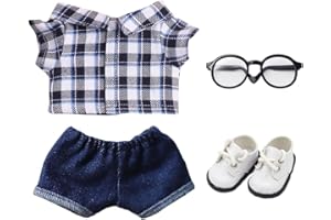 niannyyhouse Koszula w jednolitą kratę w paski, dżinsy, okulary, skórzane buty, 10 cm, 15 cm, 20 cm, pluszowe ubrania dla lalek, miękkie, wypchane, pluszowe akcesoria do przebierania się (A7-20 cm)