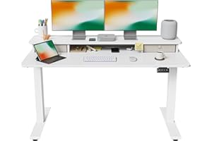 ‎FEZIBO FEZIBO Höhenverstellbarer Elektrischer Stehtisch mit Doppelschublade, 140 x 60 cm Stehtisch mit Ablage, Sitz-Steh-Schreibtisch mit Verbindungsplatte, Weißer Rahmen/Weiße Oberfläche