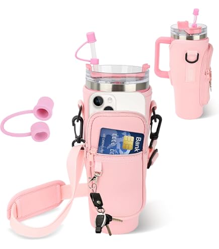 Sahunfri Sac Porte-Bouteille Stanley Cup 40 Oz - Housse Avec Poche Téléphone (Rose)