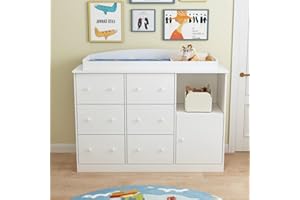 PREMTURE Cómoda cambiador con tope de 16 cm de alto, cambiador con 6 cajones, cambiador con rieles metálicos silenciosos, protección antivuelco, 111 cm para protección lumbar, tablero de MDF grueso