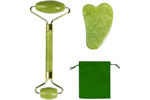 MEMOFYND 1 wałek do twarzy, 1 x ostrze z jadeitu Gua Sha, zestaw do masażu twarzy Gua Sha, wałek do twarzy, łagodzi drobne linie i zmarszczki, urządzenie do pielęgnacji skóry, masażer twarzy, Gua Sha (zielony)