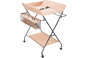 GMSLuu Fasciatoio pieghevole per nascita con cesto portaoggetti laterale struttura in ferro carico max 25 kg rimovibile e pieghevole per riporlo facile da usare da 0 a 12 mesi (Con ruote, cachi)