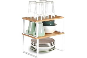 Avilia – Set 2 Mensole Organizer Cucina in Bambù e Metallo per Cucina, Bagno o Armadio, Stile Moderno e Naturale, Facili da Montare e Pulire – 29,5x19,5x15,8 cm / 29,7x18,5x13,7 cm