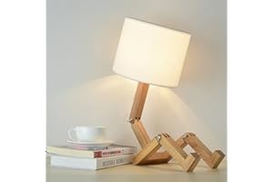ELINKUME Lampe de Chevet Robot,Lampes de Table Créatives avec Base Bois Ajustable,Salon Lampe de Bureau Moderne E27 avec Abat-jour Tissu,Lampes Décorative Bricolage pour Chambre et Chambre D'enfant