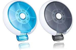 Kafeiya 2 Stück Deutsch Tablettenbox 7 Tage Klein,Rund Pillendose Medikamentenbox Klein Tablettenspender,Rotierende Pillendose,Aufbewahrung,Schwarz+Blau